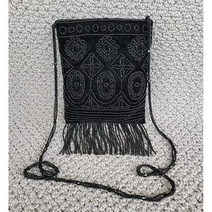 Vtg Magid Black Velvet Beaded Fringe Mini Crossbody Evening Cocktail Purse Bag